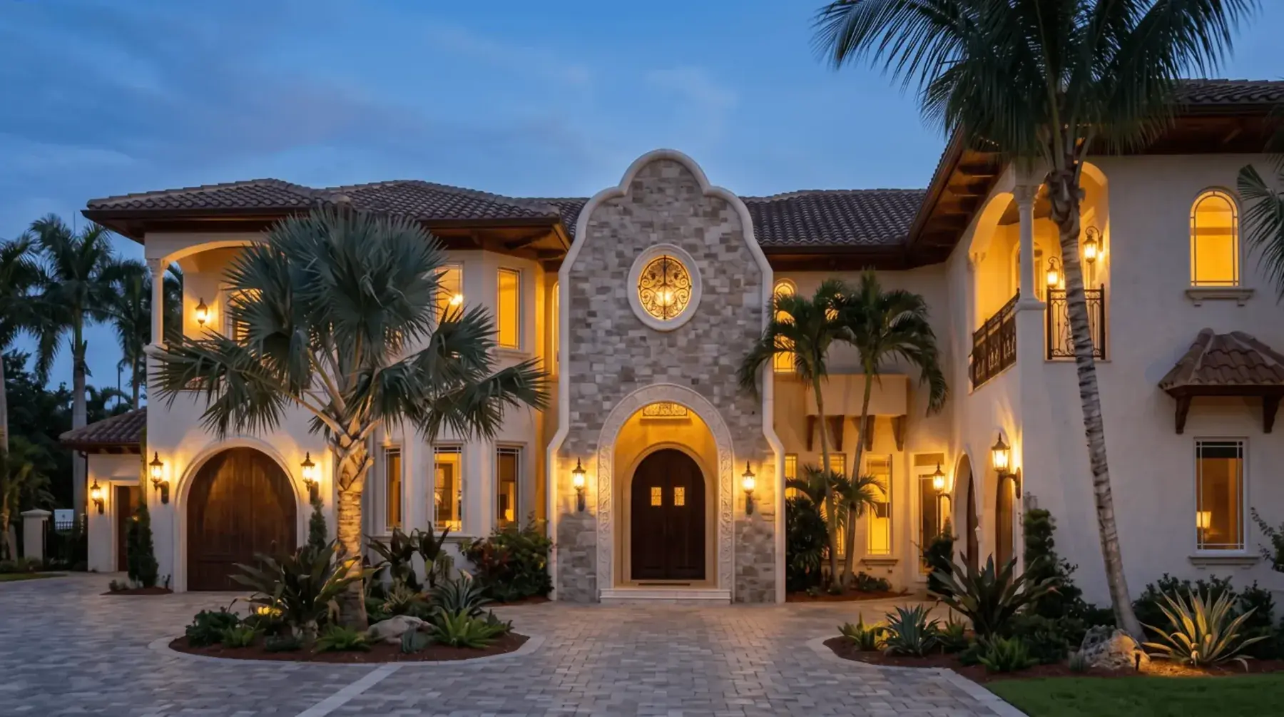 Custom residence with stone detailing and mature palms